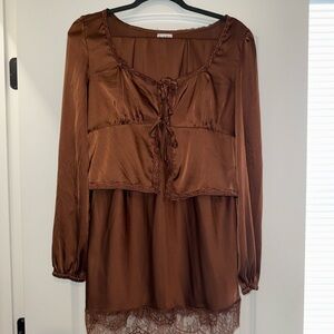 Brown, lace-trimmed top and skirt set